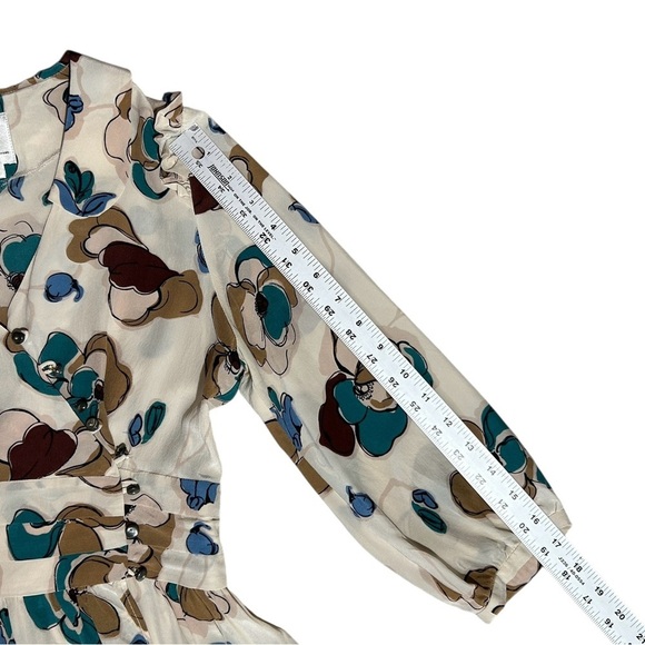 Vtg SARA BERMAN Silk Floral Chiffon Wrap Dress sz S Brown Blue Abalone Buttons - Picture 7 of 13